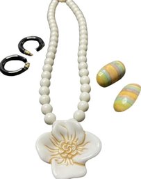 White Flower And Beads Necklace. Pierced Earrings, Black And Multicolor.