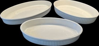 Three White Oval Baking Dishes With Ribbed Edges: Small 12, Large 15