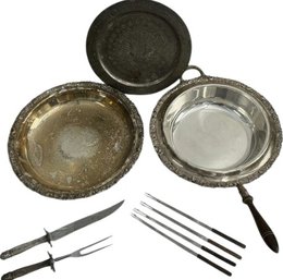 Assorted Silver Plated Pan And Platters, And Stainless Steel Knife And Fork Set And Fondue Forks Make In Japan