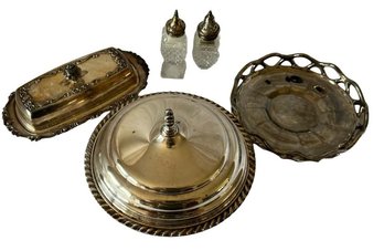 'Rogers' Silver On Copper Serving Platter (7x7x5), Butter Dishes,  Salt & Pepper Shakers