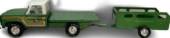 VINTAGE NYLINT TOYS OF USA  PRESSED STEEL CHEVY FARM TRUCK & TRAILER- 24.5in Long When Hitched