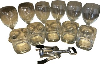 6 Wine Glasses, 5 Square Rocks Glasses, Wine Opener