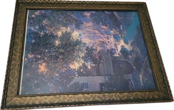 Old Oak Glen Maxfield Parrish Print. Framed. Damaged In Right Corner.  14.5'x18.5