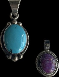 2 Sterling Pendants, Purple And Blue, Stamped