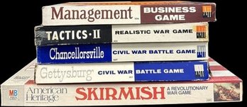 (5) Board Games Including, Management, Tactics II, Skirmish, Chancellorsville And Gettysburg Civil War