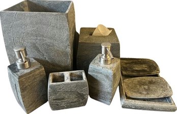 Stone Colored Bathroom Accessories: Trash Can, Soap Dispensers, Trays, And Toothbrush Holder.