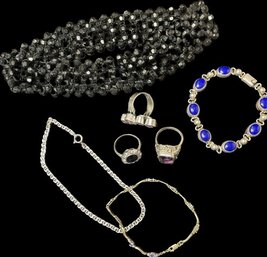 Sparkly Fashion Jewelry: Black Beaded Choker, Gemstone Rings, Bracelets, One With Blue Gemstones