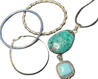 Turquoise, Pendants, Cloisonne Bracelet, Silver Bracelet Marked 925