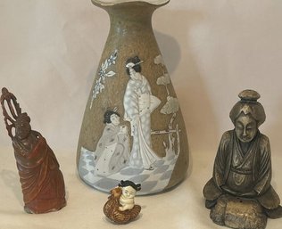 Asian Vase And 3 Figurines