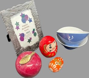 Marble Apple, Papier-mch Figurine And Egg, Picture Frame, Plastic.  Rice Bowls