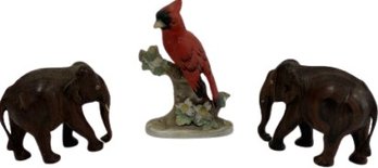 (3pcs) Desk Decor, 2 Elephant And 1 Cardinal Figurine