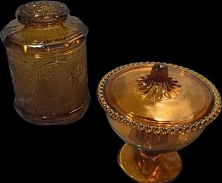 Vintage Amber Glass Containers With Lids. Largest Is 7.5x5