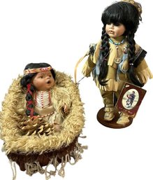 American Indian Themed Baby Doll With Basket And Doll With Stand From Dolls Of The World By Geppedo (14in Tall