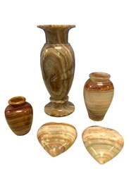 Collection Of Polished Stone Decor, Hearts And Vases (Largest Item Is 8in Tall)