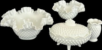 White Ruffled Hobnail Decorative Ware- One Item Stamped Fenton, Largest Is 9Wx4.5T