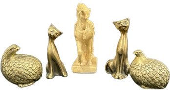 (5) Figurines. Including Brass Quail, Horse And Cats.