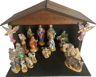 Incredible Nativity Scene By Thompson Clay And Brush- Manger Is 22Wx16Dx14T & Largest Figurine Is 7.5in Tall