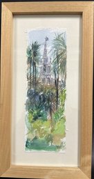 Watercolor Painting Of A Castle Surrounded By Trees, Framed, Signed By Artist - 16x8.5in