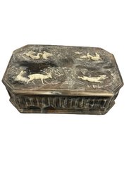 Genuine Incolay Stone Box, Handcrafted In USA. Brown & Grey Tones With White Animal Designs. 11x7x3