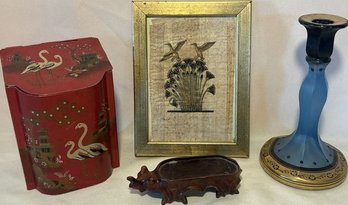 Blue Candle Holder, Red Tin With Lid, Wood Rhino, Small Framed Art