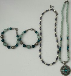 (2) Beaded Necklace And (2) Blue Green Beaded Bracelet