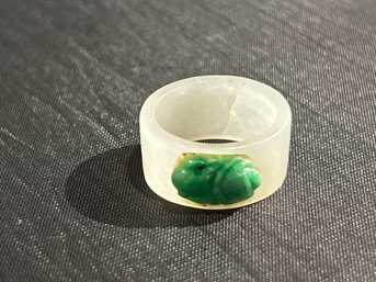 Size 6 Near Colorless Jade Band With Carved Floral Green Jade Glued On Top