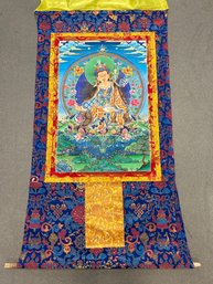 Guru Padmasambhava Thangka Hand Painted, Shows Some Spots Of Wear(34in X 61)