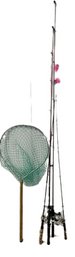 4 Fishing Rods, 3 Reels, Fishing Net (47x17') & J Marttiini Finnish Filet Knife (6' Blade)