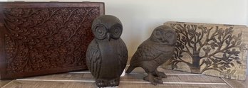 Metal Owl Door Stop 7Hx4W, Metal Owl 6Hx4W, Wooden Tree Box 8.5x5.5x2, Wooden Floral Box 11x8x3.5