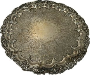 3 Footed Silver Plate With Engravings And Grape Trails Along The Rim - 19'L