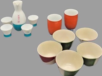 Collection Of Burnt Orange And Olive Green Teacups. White And Turquoise Sake Set