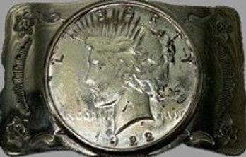 Vintage Nickle Silver Peace Dollar Coin Belt Buckle 1922