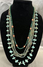 3 Beaded Necklaces, Jade And Turquoise Colors