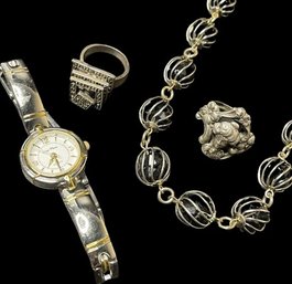 Jean Marc Watch - Goldtones & Silvertones, Womans Face Ring, Gemstone Ring And Necklace