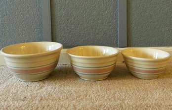 (Three) Blue And Pink Stripe Bowls (Largest 9in Across)