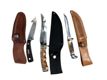 Fixed Blade Knives- One Is Old Timer, Two With Bone Handles, One Filet Knife Longest Knife Is 9.5in