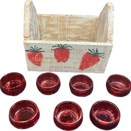 Decorative Wooden Crate With Painted Strawberries & 7 Red Votive Candle Homders