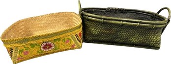 Pair Of Decorative Woven Baskets (Green-15.5x5.5x11 Yellow-12x4x12)