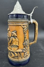 German Beer Stein With Folk Art Design, 'FROH BEIM BIER DAS LEBEN WIR', 10 In