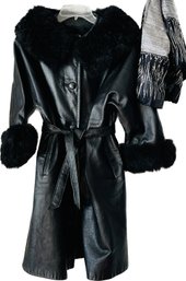 Faux Fur Black Coat & Matching Belt. No Label. Might Be Leather. 36 Inches Long. May Be Size Small.