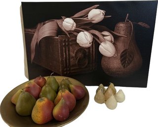 PEARfect Decor, Pear/Tulip Print 16x24, Tiny Pear Candles, Gold Tone Dish, Decorative Pears