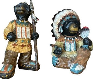 American Indian Themed Black Bear Statues (6 & 5.5in Tall) Appears Wooden