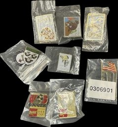 Lapel Pins And Page Holder, New In Package. Stamps, Coca-Cola, US Cycling Team, Soccer, American Flag.