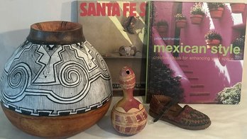 Painted Gourd And Rattle, Mexican Books, Child Huarache,