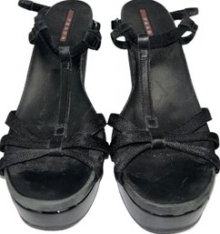 Prada T-strap Wedge Sandals- Reads 38 On Strap, Used Shows Some Wear