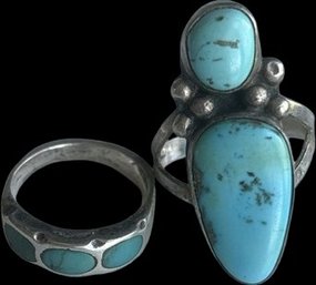 2 Silver Rings With Blue Stones, No Markings