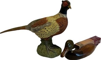 Bird Decor: Ceramic Pheasant (16x12) & Wooden Duck Match Holder (17x6)