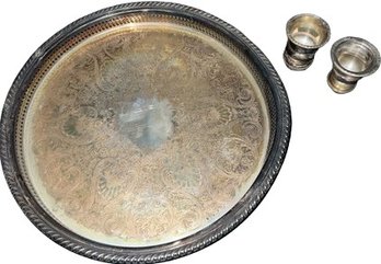 Metal Serving Platter & (2) Sterling Re Enforced Cups