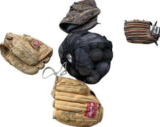4 Baseball Gloves And Bag Of Baseballs