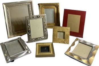 A Variety Of 8 Picture Frames. Smallest Is 6x5, Largest Is 11x13.  Gold, Silver And Red, Wood, Glass, Resin